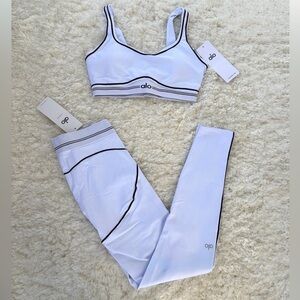ALO Yoga White Sports Bra and Legging Set with Black Piping